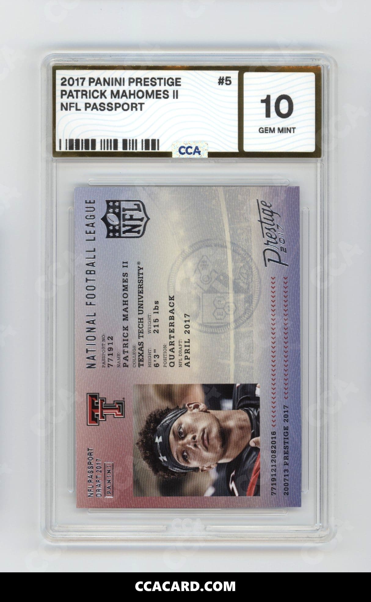 Patrick Mahomes II graded CCA 10, cert 36