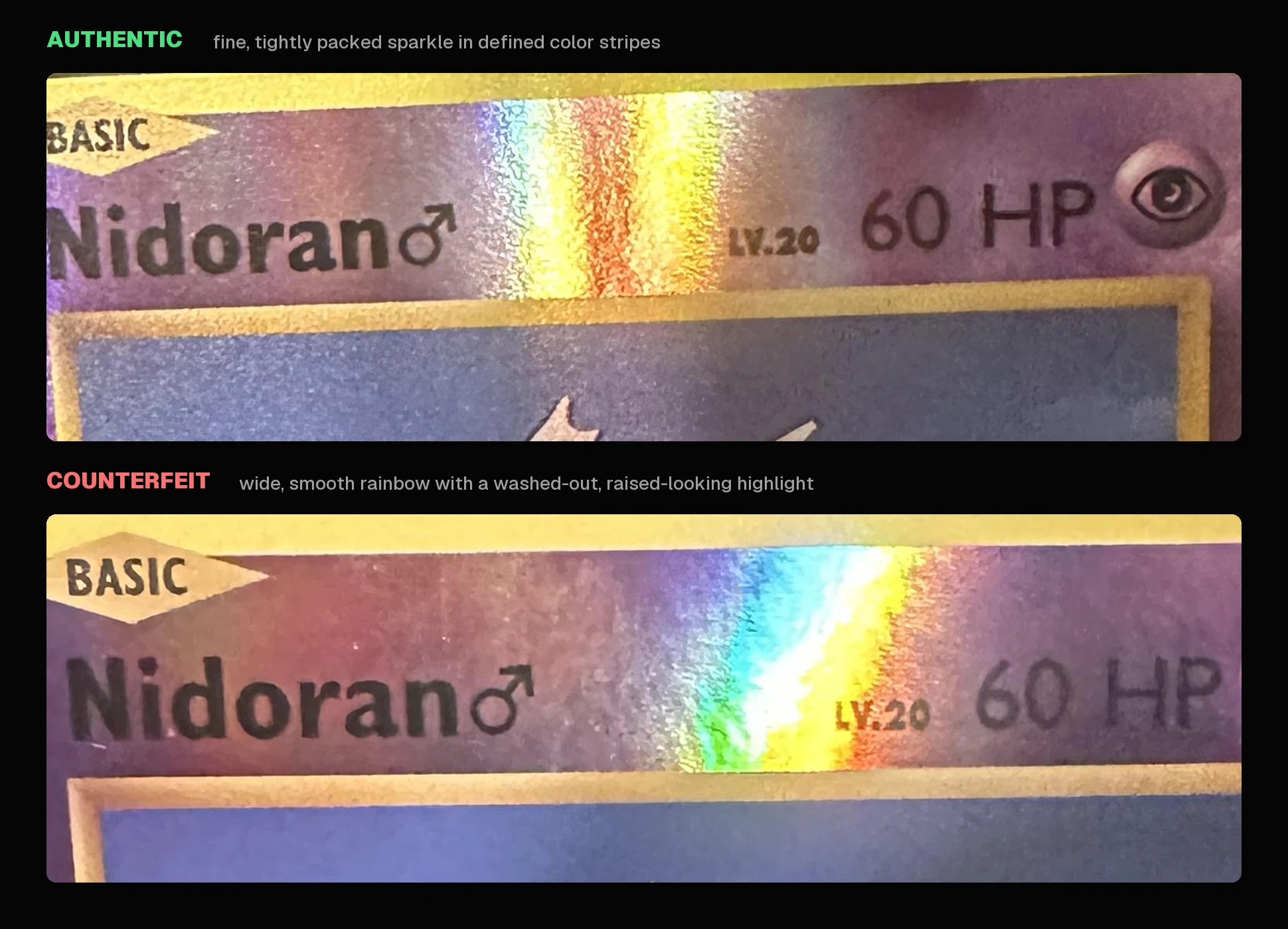 Close-up of a real vs fake Evolutions reverse holo across the Nidoran name bar. Top, authentic: fine, tightly packed sparkle in distinct vertical color stripes. Bottom, counterfeit: a wide, smooth diagonal rainbow with a washed-out white center