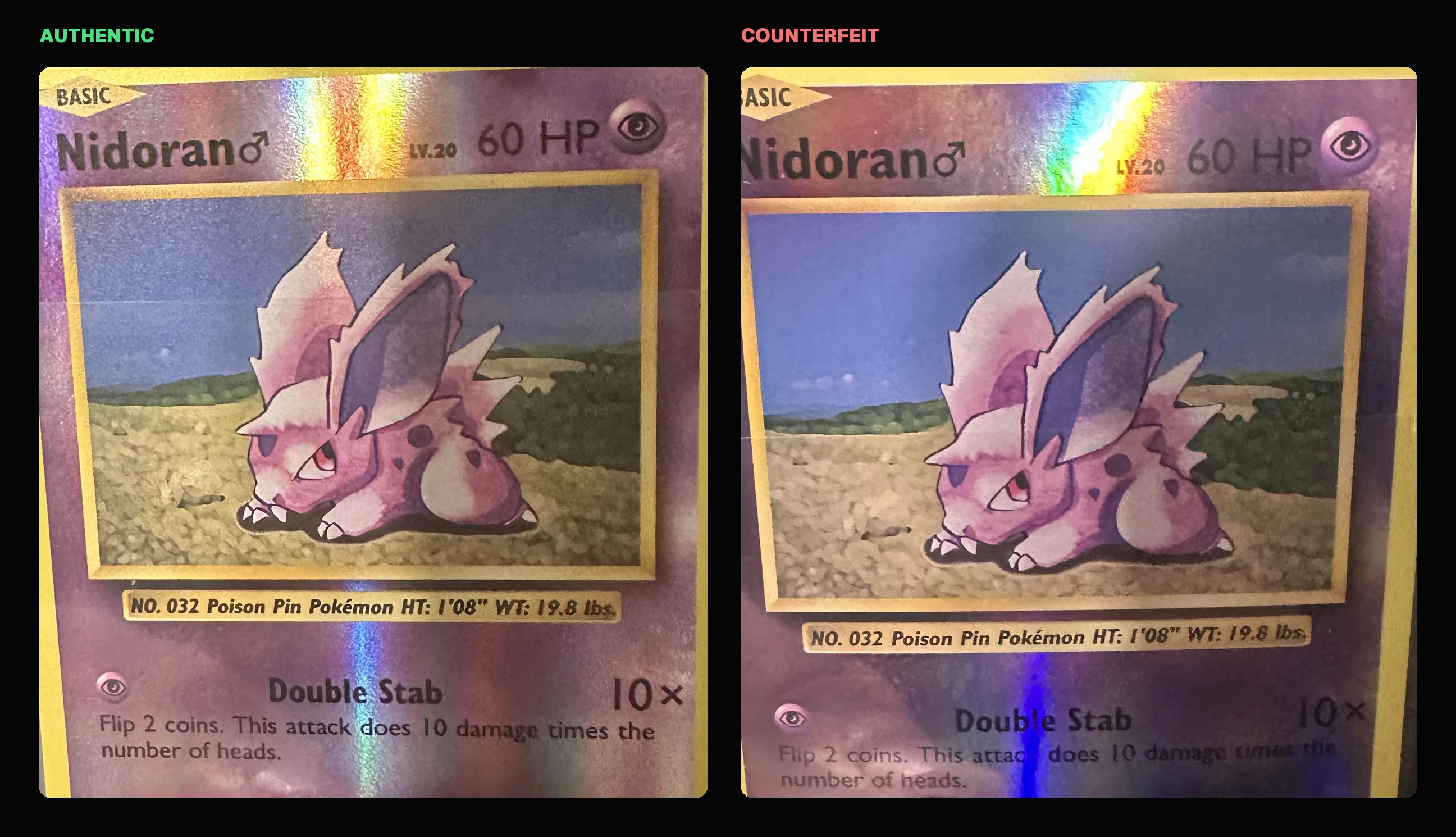 Real vs fake XY Evolutions Nidoran reverse holo side by side: the authentic card on the left and a counterfeit on the right, both under the same light with the rainbow reverse holo band crossing the name bar and the attack text