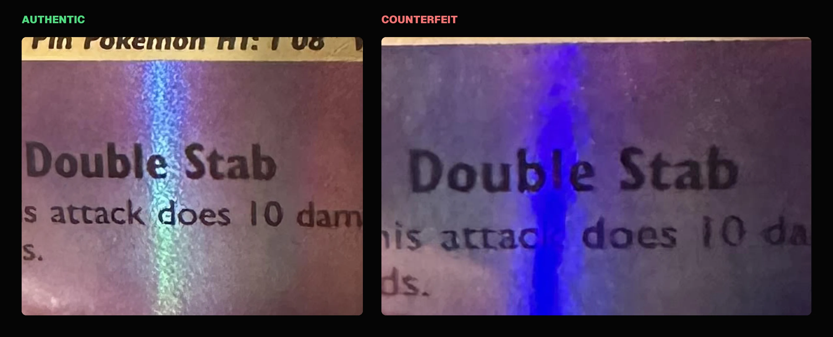Real vs fake Evolutions reverse holo where the band crosses the Double Stab attack text. Left, authentic: a narrow band of fine multicolor sparkle. Right, counterfeit: a broad, smooth band of deep blue and violet that blurs the text beneath it