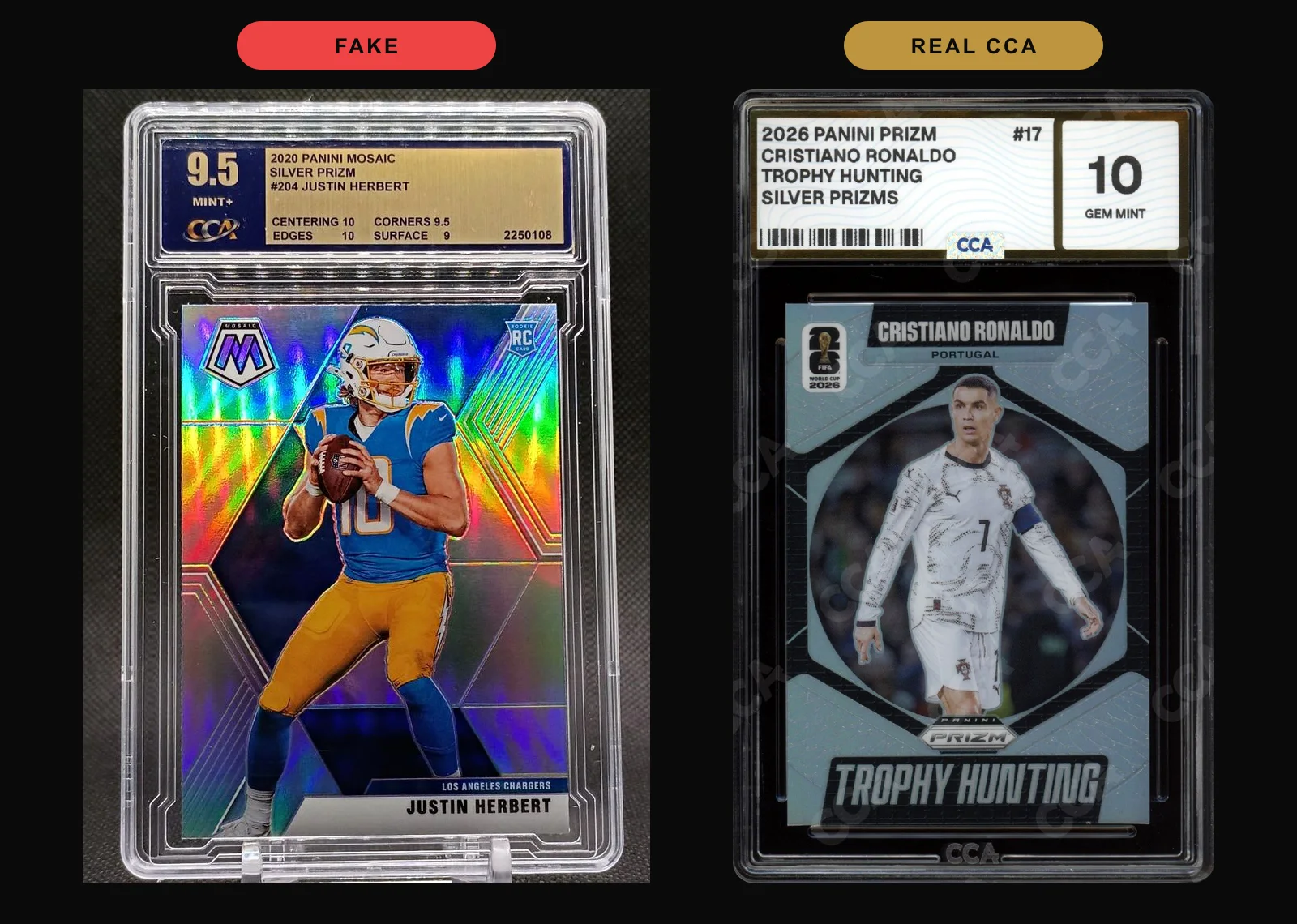 Side by side: a fake CCA slab with a gold label grading a 2020 Mosaic Justin Herbert 9.5 MINT+ with subgrades printed on the label, next to a genuine CCA slab with a white label holding a 2026 Panini Prizm Cristiano Ronaldo graded 10 Gem Mint