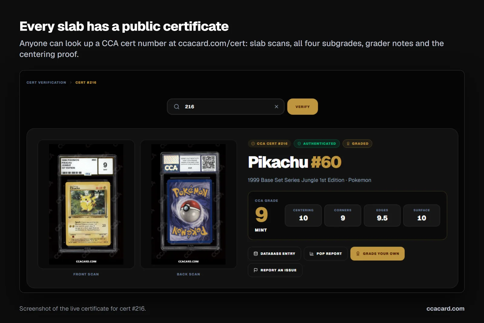 Screenshot of the public CCA certificate page for cert 216, showing front and back slab scans, the overall grade of 9 Mint and subgrades of 10 centering, 9 corners, 9.5 edges and 10 surface
