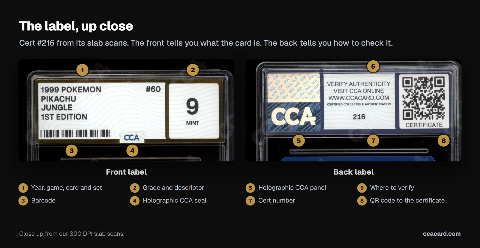 Close up of the front and back labels on CCA slab cert 216: the front shows the year, game, card, set, grade, barcode and a holographic CCA seal; the back shows a holographic CCA panel, verification instructions, the cert number and a QR code