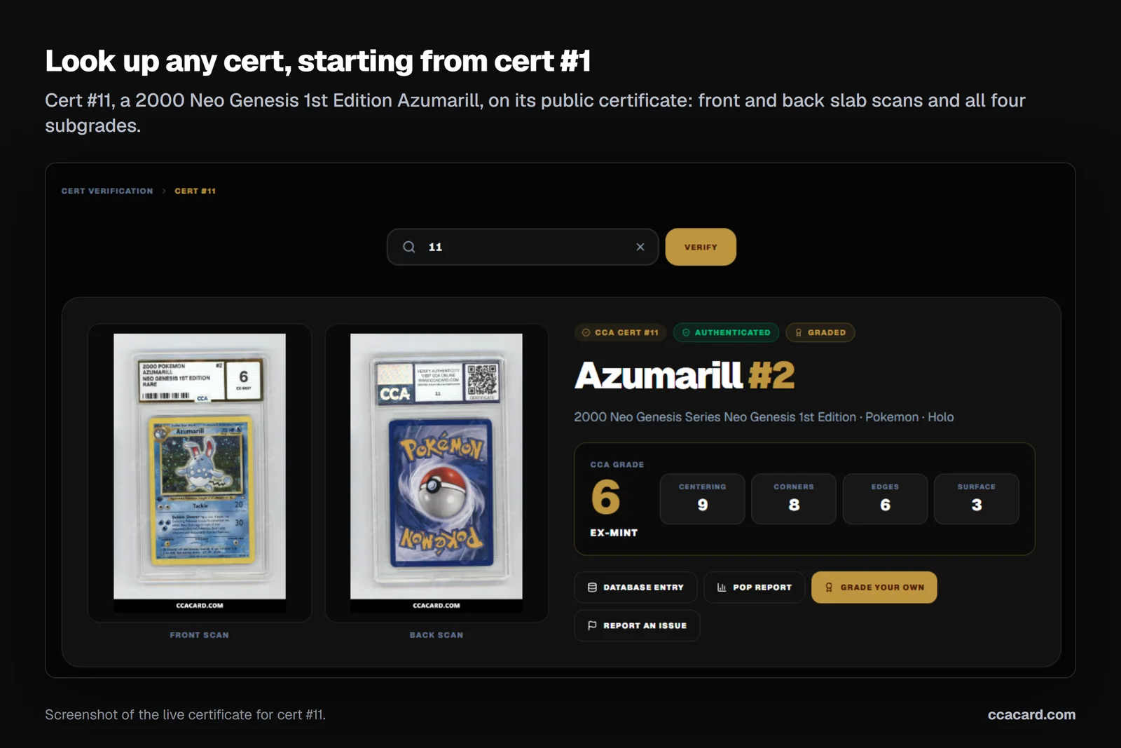 Screenshot of the public CCA certificate page for cert 11, a 2000 Neo Genesis 1st Edition Azumarill graded 6 EX Mint, showing front and back slab scans and subgrades of 9 centering, 8 corners, 6 edges and 3 surface
