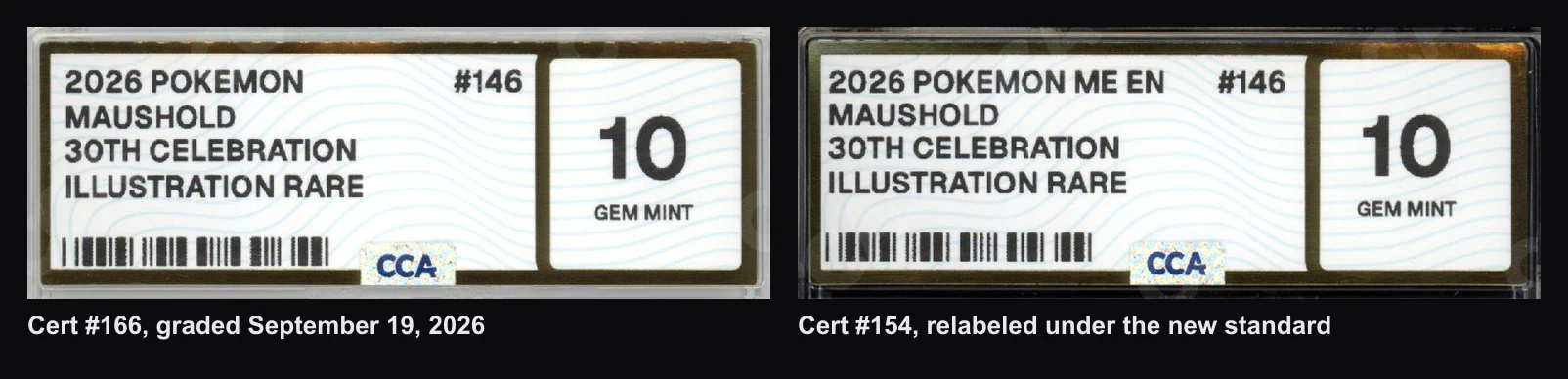 Two CCA labels for the 30th Celebration Maushold number 146: cert 166 reading 2026 Pokemon Maushold 30th Celebration Illustration Rare, and cert 154 relabeled to read 2026 Pokemon ME EN Maushold 30th Celebration Illustration Rare